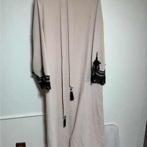 Elegant Beige Abaya with Black Lace Trim
